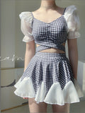 Sweet Lolita Outfits Ruffles Plaid Short Sleeves Swimwear Dress