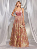 A Line Corss Criss Back Pink Sequin Prom Dress