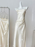 Floral Embellishments Elegant Satin Slip Dress