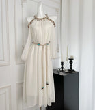 Beaded Turquoise Accented Belt Ivory Dress