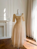 Square Beading Sequin Champagne Long Sleeve Prom Dress