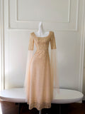 Square Beading Sequin Champagne Long Sleeve Prom Dress