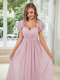 Pink Chiffon Sweetheart Layered Sleeve Maxi Dress