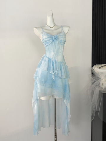 Flowing Ruffles Rose Charming Light Blue Dress