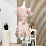 Ruffles V Neck Floral Print Chiffon Short Mini Dress