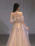 Gold Sparkle A Line Tulle Sequin Long Prom Dress