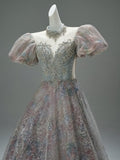Sweetheart Sequin Puffy Sleeve A Line Prom Dress