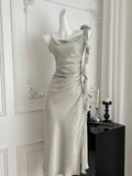 Chic Asymmetric Light Green Satin Midi Dress