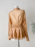 Ruffled Hem Waist Cinching Belt Sheer Silk Blouse