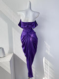 Dramatic Purple Satin Off-Shoulder Dress