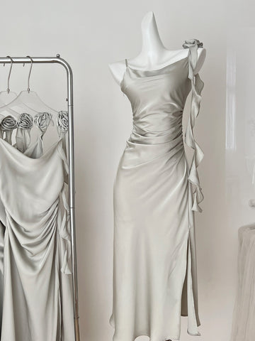 Chic Asymmetric Light Green Satin Midi Dress
