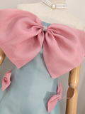 A Line Off The Shoulder Blue Satin Bow Homecoming Dress