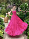 Flowing Tiered Skirt Cerise Dress