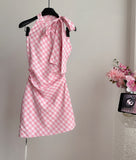 Elegant Halter Candy-Colored Pink Checkered Dress