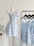 Butterfly Print Ruffled Lace Layers Light Blue Mini Dress