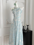 Summer Floral Light Blue Halter Maxi Dress