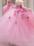 Sweet Pink Strapless Flower Tulel A Line Prom Dress