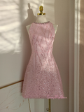 Sparkle Pink Short Mini Bow Beading Jewel Sequin Homeming Dress