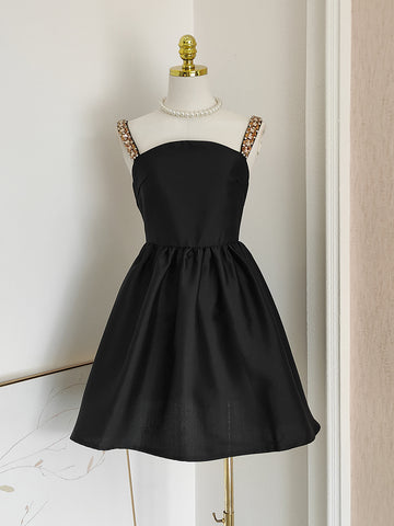 Satin Short Mini A Line Black Strapes Homecoming Dress