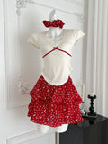 Red Short Sleeve Crop Top & Ruffled Skirt Set