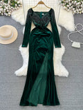 Luxurious Beaded Velvet Long Dress with Sultry Leg Slit