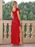 Off The Shoulder Sequin Red Party Dress With Slit