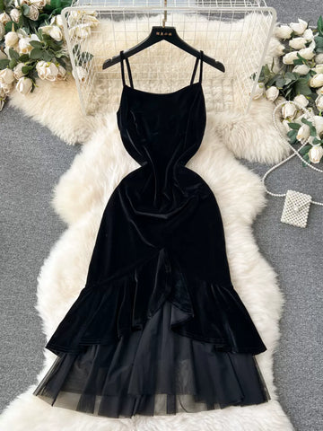Black Celestial Velvet Cascade Dress