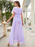 V Neck Short Purple Maxi Long Bridesmaid Dress