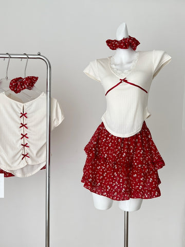 Red Short Sleeve Crop Top & Ruffled Skirt Set