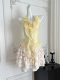 Polka Dot Yellow Halter Crop Top Ruffled Mini Skirt