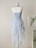 Ruffled Bodice Black Tulle Asymmetric Hem Dress
