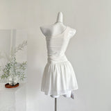 Lace Ruched One Shoulder White Mini Dress