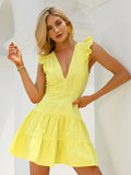 Canary Flounce Lace V-Neck Ruffle Mini Dress