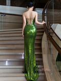 Sequin Sheath Column Green Strapless Prom Dress With Slit