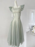 Sage Green Puffy Sleeve Summer Chiffon Long Dress