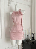Bow & Lace One Shoulder Pink Satin Dress