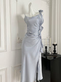 Chic Asymmetric Light Green Satin Midi Dress