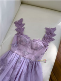 Purple Belt Tea Length Straps Butterfly Homecoming Dress