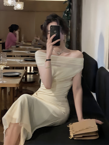 Ethereal Elegance Pleated Off-Shoulder Dress