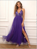 Blue Sequin & Tulle V-Neck Prom Dress