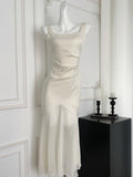 Classic Sheer Hem Midi White Satin Dress