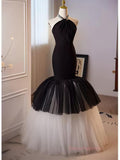 Beading Mermaid Black And White Halter Tulle Prom Dress