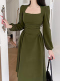 Green Puff Sleeve Midi Hem Dress