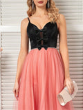 A Line Pink V Neck Bow Tulle Prom Dress