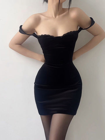 Black Thigh Velvet Bodycon Dress