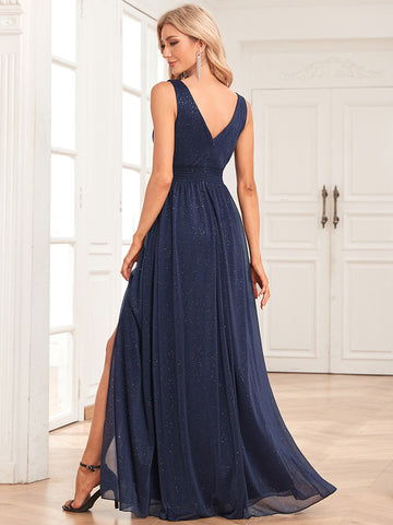 2024 Navy V Neck Sparkle Maxi Party Dress 2XL / Green