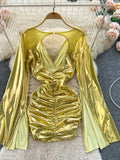 Shimmering Gold Ruched Dress with Statement Sleeves