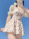 Fresh Short-Sleeved Daisy Print One-Piece Swimsuit Dress