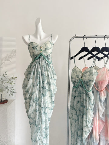 Asymmetric Ruffles Colorful Bead Floral Dress