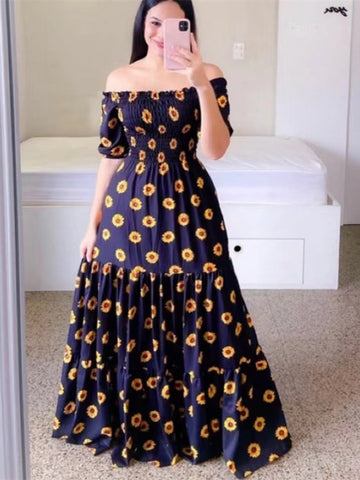 Blue Sunflower Print Short Sleeve Long Maxi Beach Dress
